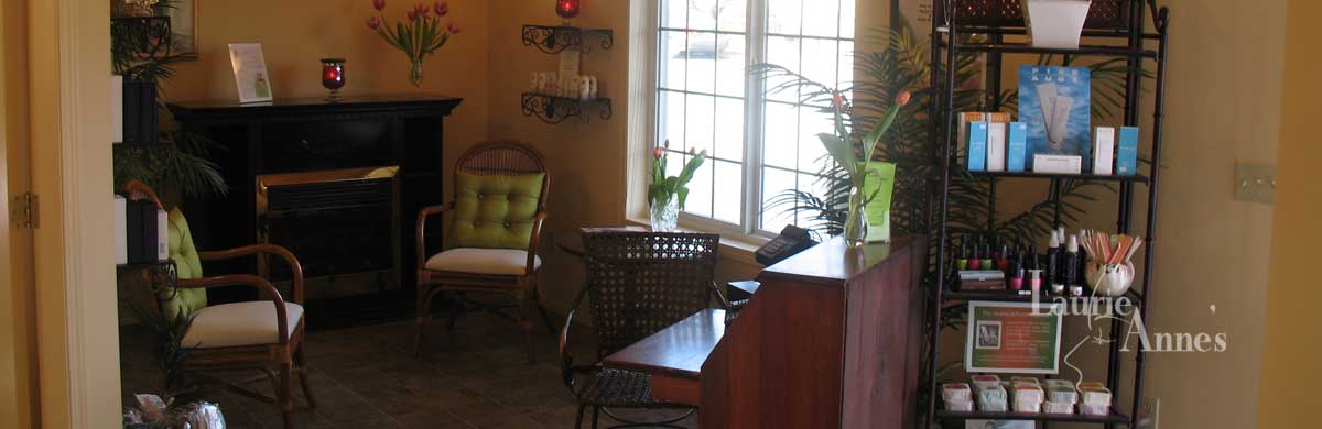 Skin care salon waiting area showing skin care products